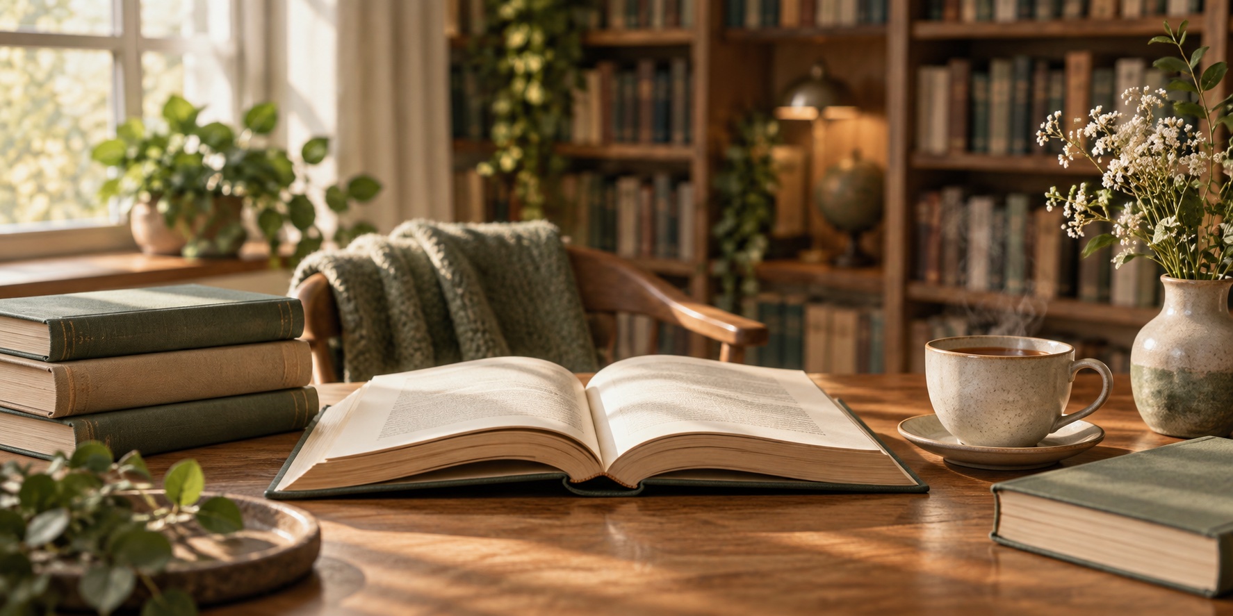 Уютен кът за четене с отворена книга и чаша чай