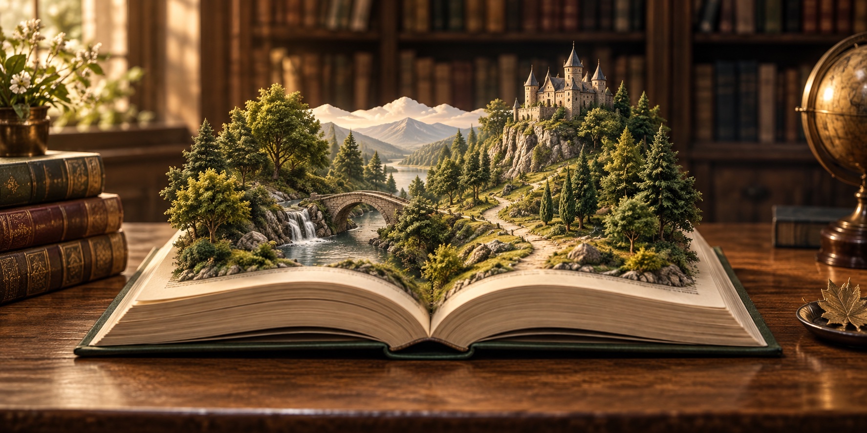 Приказен свят с гора и замък, разгръщащ се от книга
